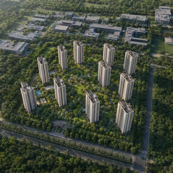 Sattva Mysore Road aerial view — eleven-tower community at Mailasandra beside Sattva Global City