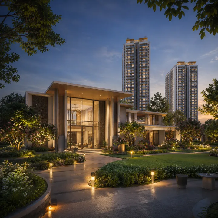 Sattva Mysore Road clubhouse entrance with double-height lobby and glazed façade
