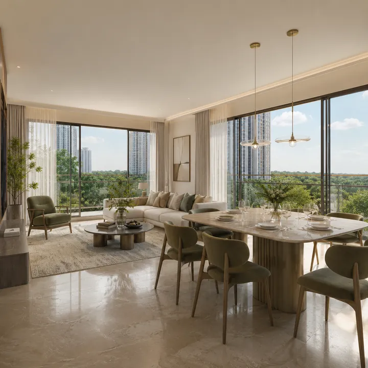 Sattva Mysore Road living and dining interior with corner-window daylight