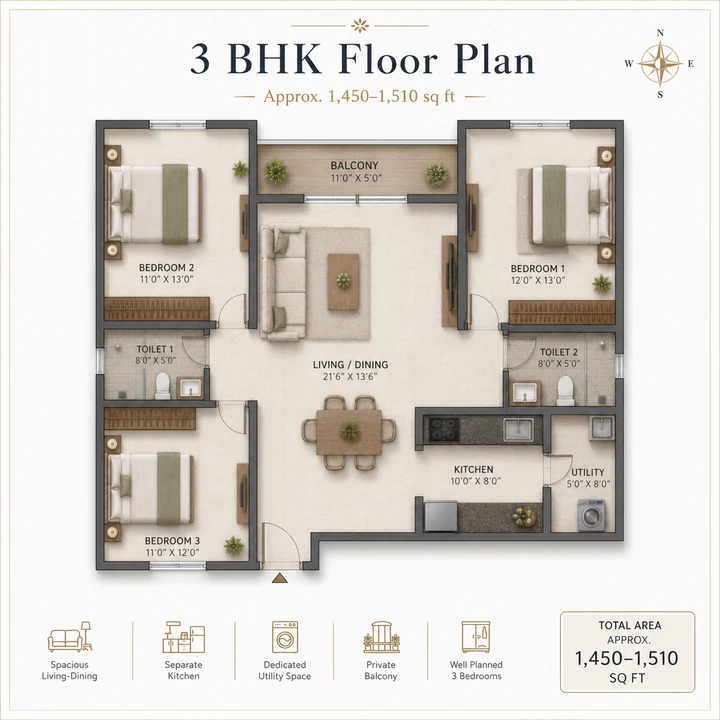 Sattva Mysore Road 3 BHK + 2 Toilets floor plan layout