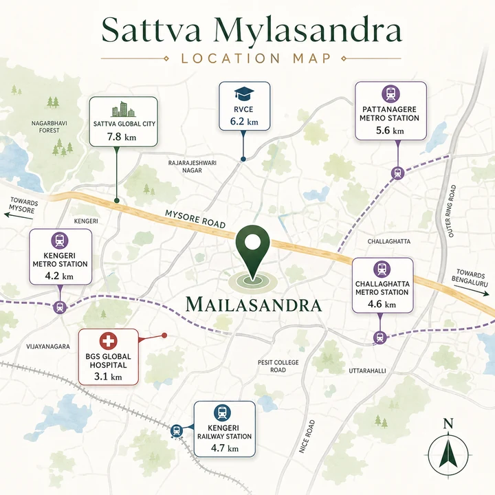 Sattva Mysore Road location map showing connectivity from Mailasandra on Mysore Road to Sattva Global City, RVCE, Pattanagere, Kengeri and Challaghatta metro stations, BGS Global Hospital and Kengeri Railway Station